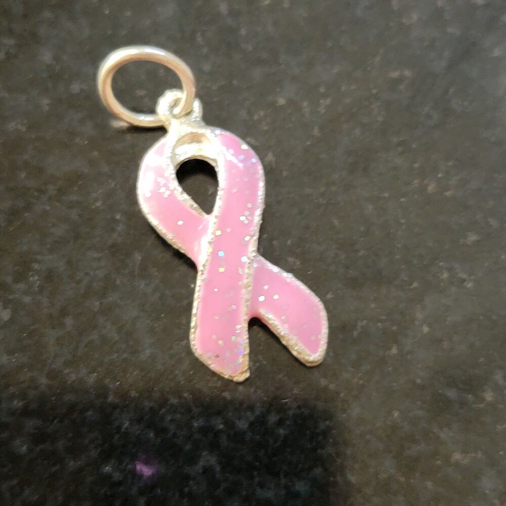 Pink Ribbon Charm Pendant Glitter Enamel Awareness Dangle Small Gold Tone Mini
